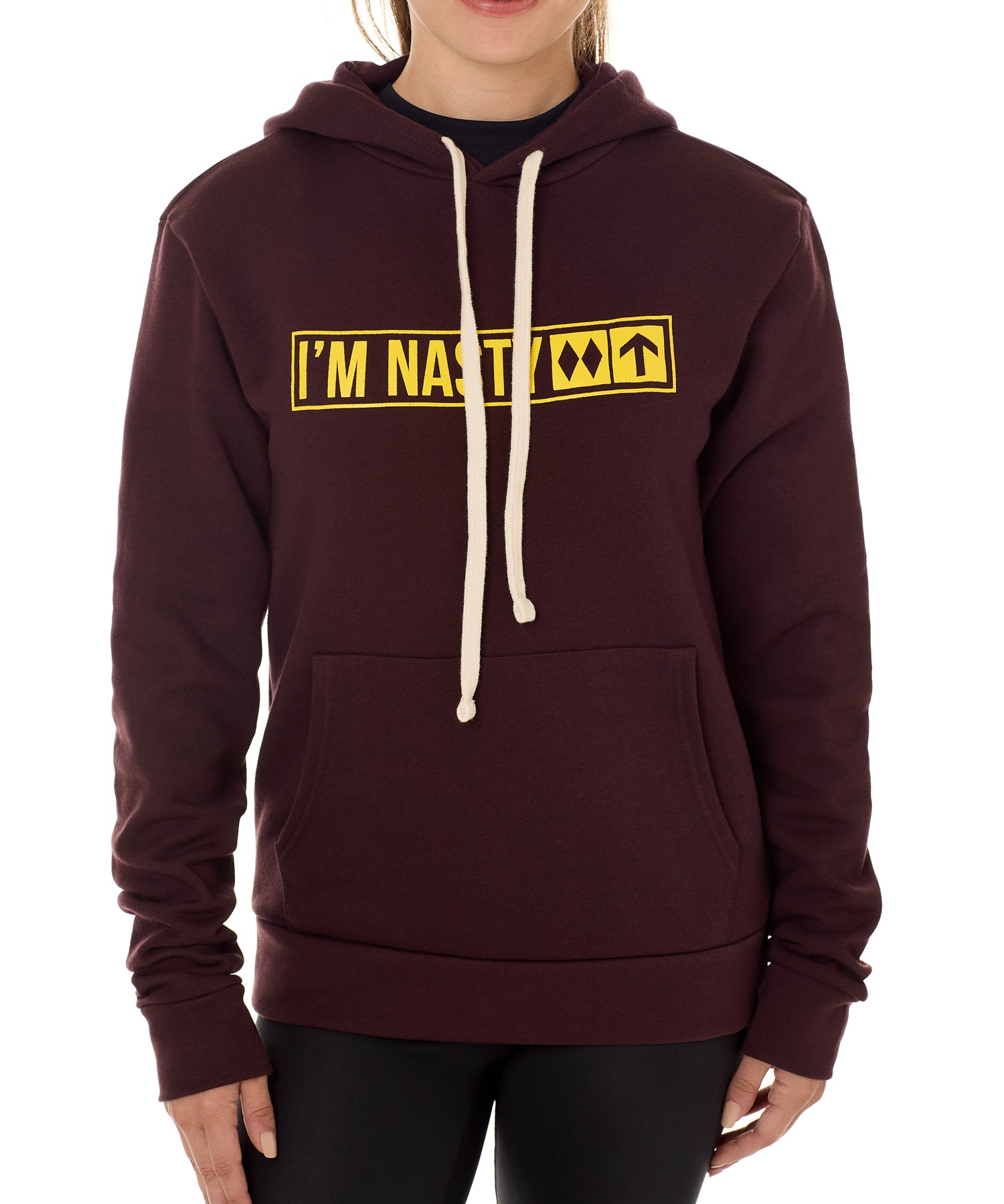Front view of a female model wearing the "I'm Nasty" Oxblood Hoodie. The graphic features trail sign-inspired "I'm Nasty" text with a double diamond symbol indicating expert terrain.