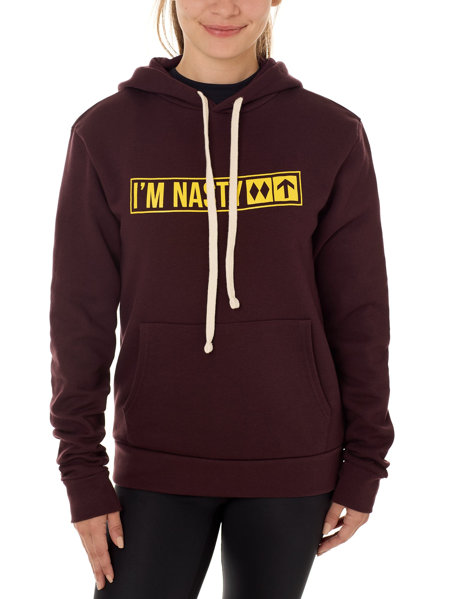 Front view of a female model wearing the "I'm Nasty" Oxblood Hoodie. The graphic features trail sign-inspired "I'm Nasty" text with a double diamond symbol indicating expert terrain.