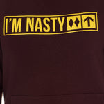 Front view detail of the "I'm Nasty" hoodie in Oxblood. The yellow ski trail sign graphic features "I'm Nasty" text with two double diamonds.
