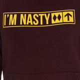 Front view detail of the "I'm Nasty" hoodie in Oxblood. The yellow ski trail sign graphic features "I'm Nasty" text with two double diamonds.