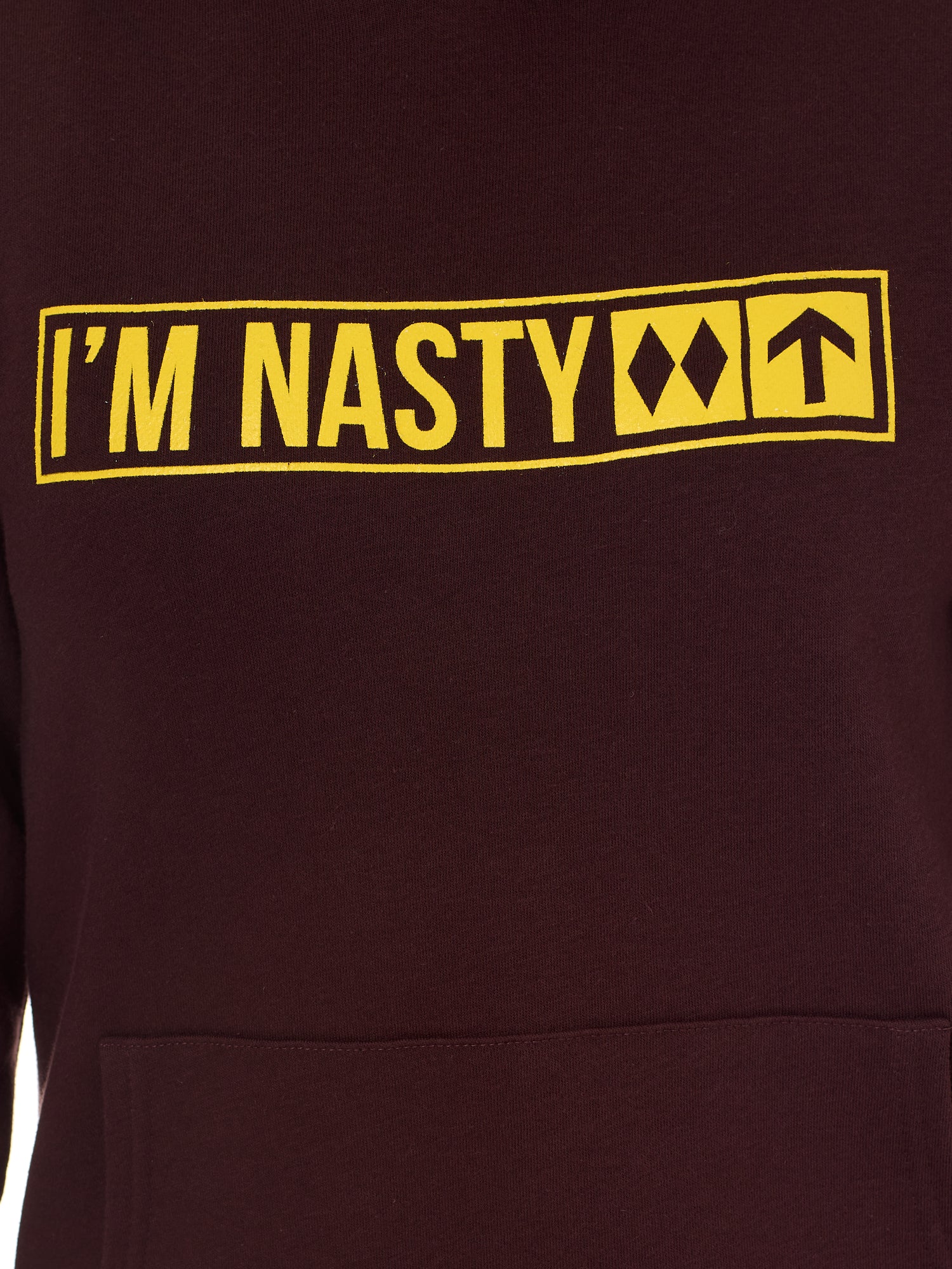 Front view detail of the "I'm Nasty" hoodie in Oxblood. The yellow ski trail sign graphic features "I'm Nasty" text with two double diamonds.