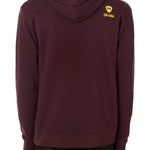 Back view of a male model wearing an oxblood hoodie accented with a yellow till i die logo on wearers top right shoulder.