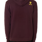 Back view of a male model wearing an oxblood hoodie accented with a yellow till i die logo on wearers top right shoulder.