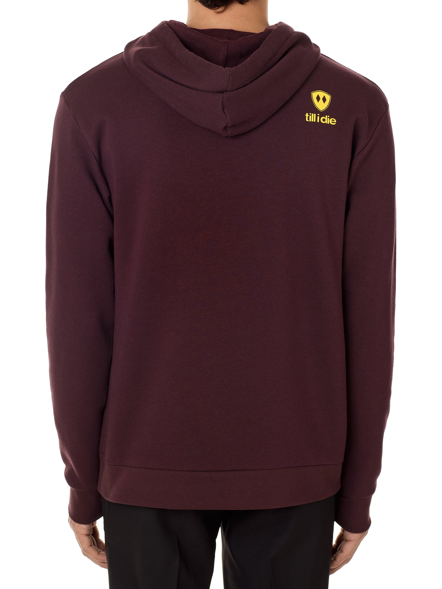 Back view of a male model wearing an oxblood hoodie accented with a yellow till i die logo on wearers top right shoulder.