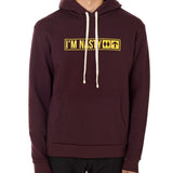 Front view of a male model wearing the "I'm Nasty" Oxblood Hoodie. The graphic features trail sign-inspired "I'm Nasty" text with a double diamond symbol indicating expert terrain.