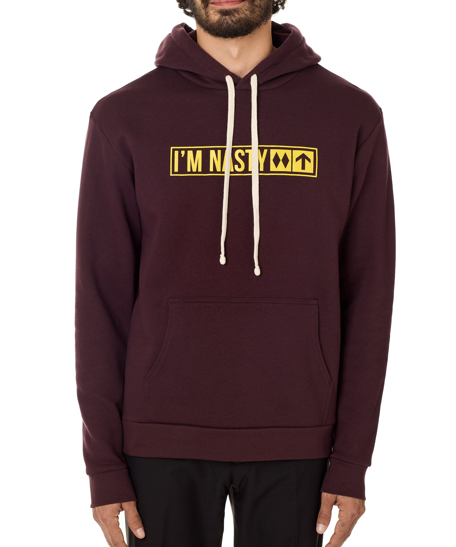 Front view of a male model wearing the "I'm Nasty" Oxblood Hoodie. The graphic features trail sign-inspired "I'm Nasty" text with a double diamond symbol indicating expert terrain.