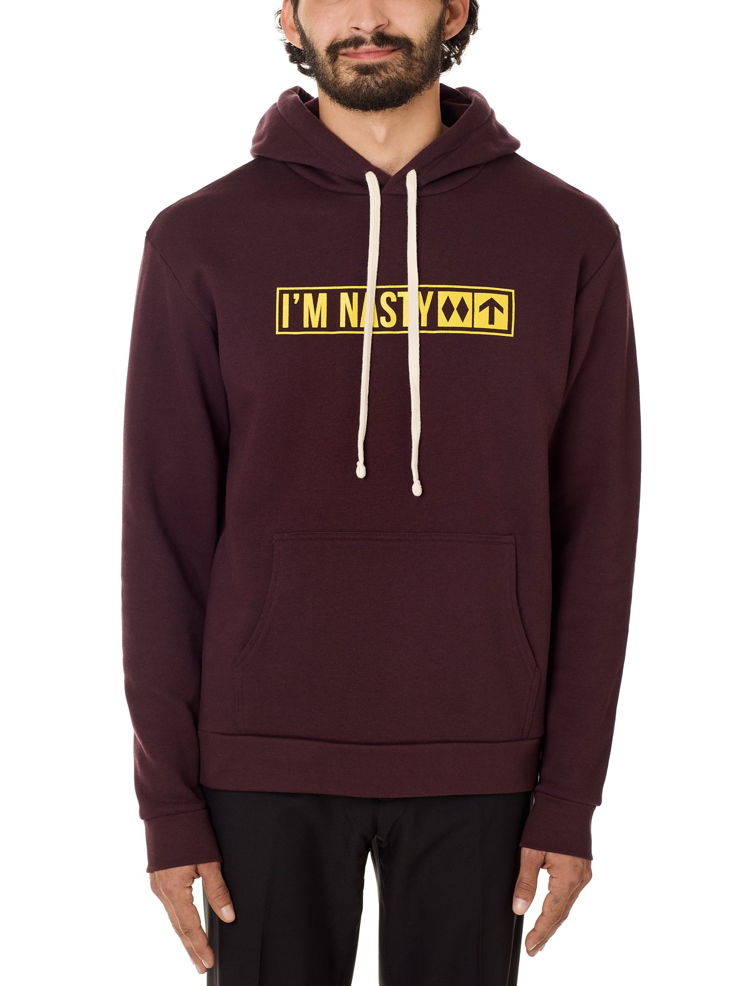 Front view of a male model wearing the "I'm Nasty" Oxblood Hoodie. The graphic features trail sign-inspired "I'm Nasty" text with a double diamond symbol indicating expert terrain.