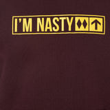 front detail of the 'I'm Nasty' hoodie in oxblood, the yellow design is in the style of a ski trail sign with the text "I'm Nasty" and two double diamonds