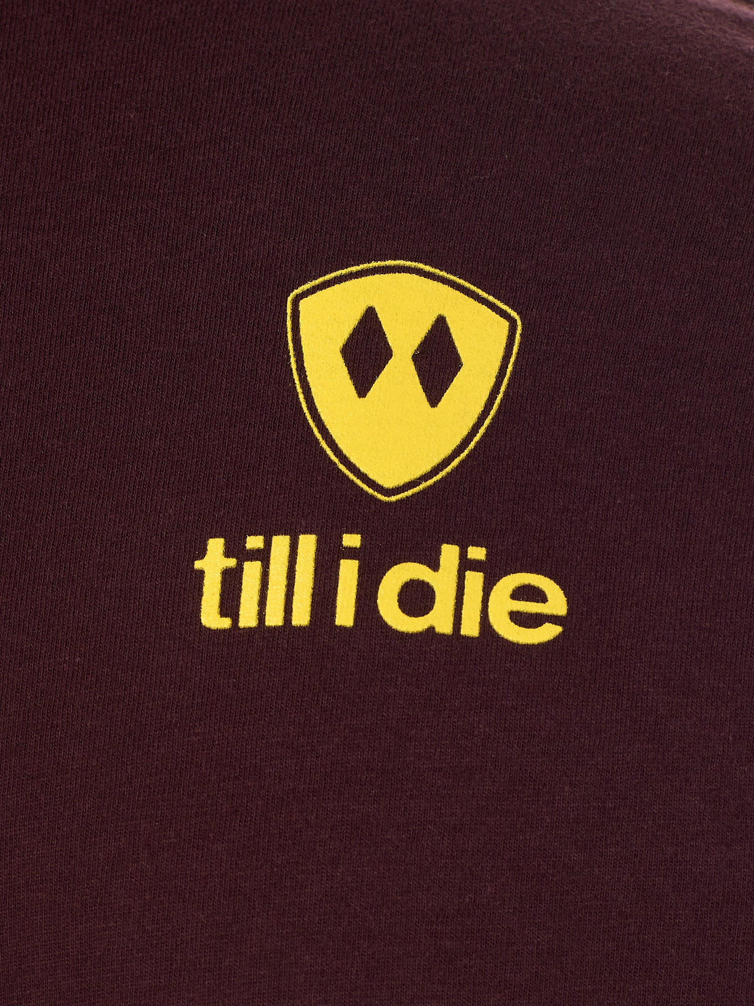 back detail of a an oxblood tee shirt with a yellow till i die logo