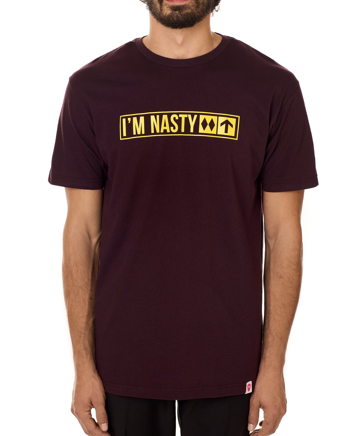 Front view of a male model wearing the "I'm Nasty" Oxblood Tee Shirt. The graphic features trail sign-inspired "I'm Nasty" text with a double diamond symbol indicating expert terrain.