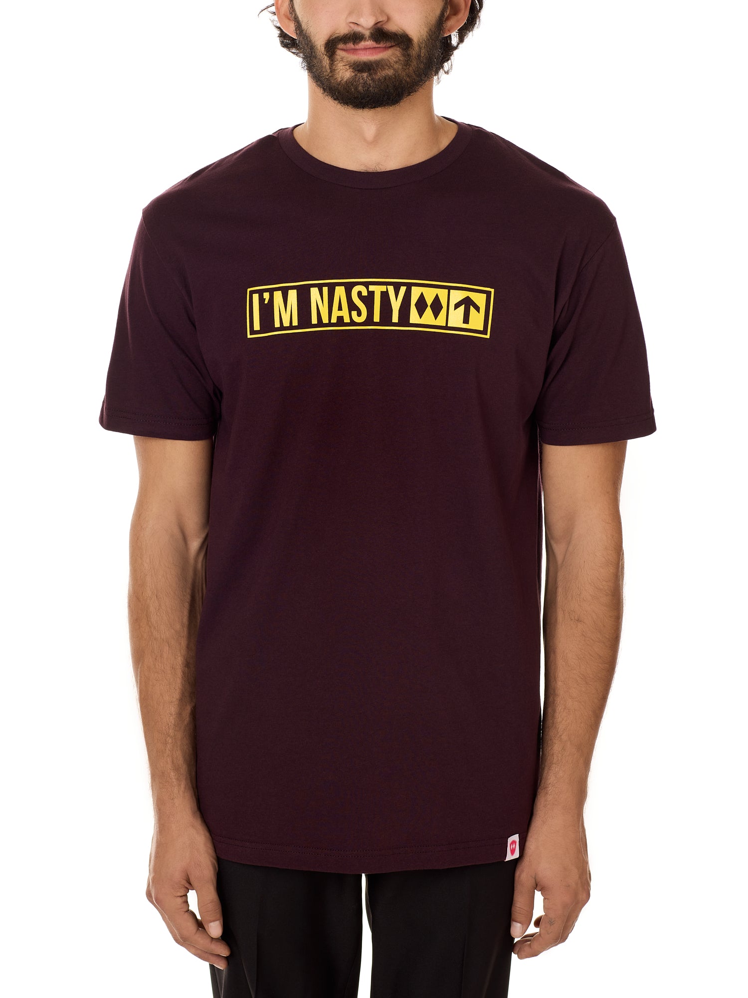 Front view of a male model wearing the "I'm Nasty" Oxblood Tee Shirt. The graphic features trail sign-inspired "I'm Nasty" text with a double diamond symbol indicating expert terrain.