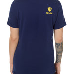 Back view of a female model wearing a navy tee shirt accented with a yellow till i die logo on wearers top right shoulder.