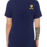 Back view of a female model wearing a navy tee shirt accented with a yellow till i die logo on wearers top right shoulder.