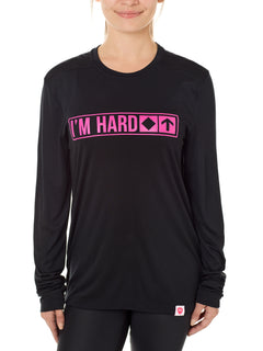 Front view of a female model wearing the "I'm Hard" Black performance long sleeve Shirt. The graphic features trail sign-inspired "I'm Hard" text with a single diamond symbol indicating advanced terrain.