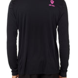Back view of a male model wearing a black performance long sleeve shirt accented with a hot pink till i die logo on wearers top right shoulder.