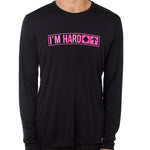 Front view of a male model wearing the "I'm Hard" Black performance long sleeve Shirt. The graphic features trail sign-inspired "I'm Hard" text with a single diamond symbol indicating advanced terrain.