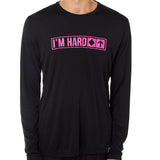 Front view of a male model wearing the "I'm Hard" Black performance long sleeve Shirt. The graphic features trail sign-inspired "I'm Hard" text with a single diamond symbol indicating advanced terrain.