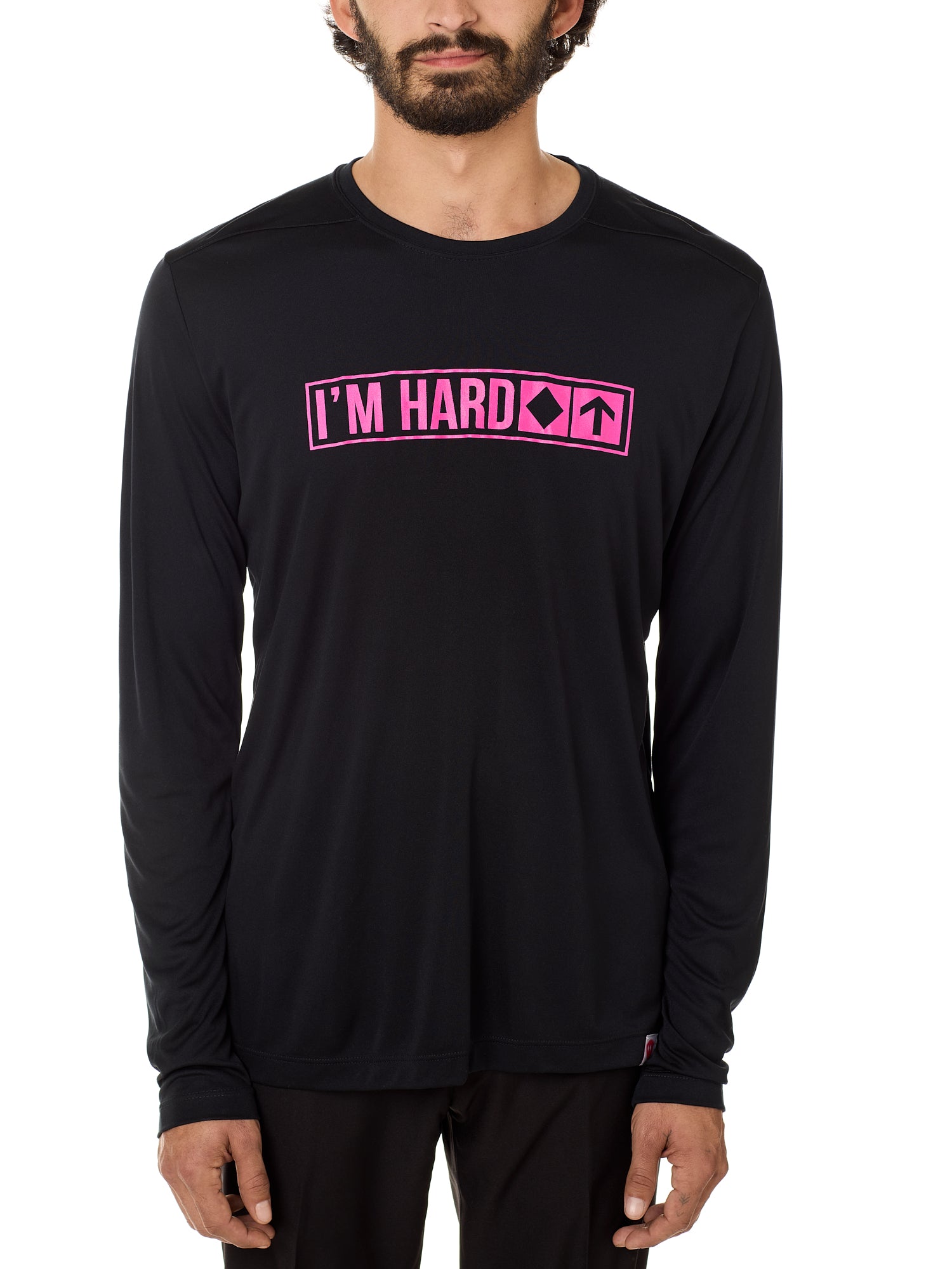 Front view of a male model wearing the "I'm Hard" Black performance long sleeve Shirt. The graphic features trail sign-inspired "I'm Hard" text with a single diamond symbol indicating advanced terrain.