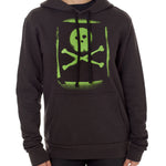 A woman wearing a black hoodie with a green skull and crossbones graphic on the front.