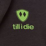 Detail of the lime green till i die logo on a Graphite Black Hoodie