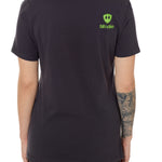 Back view of a female model wearing a dark gray tee shirt accented with a lime green till i die logo on wearers top right shoulder.