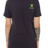 Back view of a female model wearing a dark gray tee shirt accented with a lime green till i die logo on wearers top right shoulder.