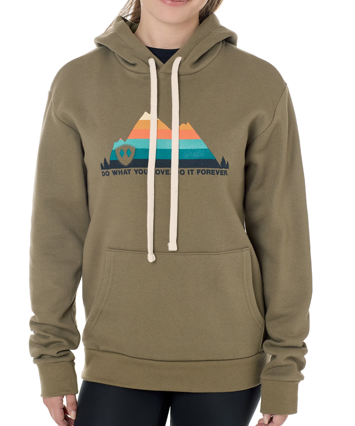 A woman wearing a green hoodie with a mountain and sunset design and the text 'DO WHAT YOU LOVE. DO IT FOREVER.' on it.