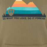 Front view detail of the Mountain Sunset design on a Military Green hoodie. The design features a multicolored mountain graphic with the text 'Do what you love. do it forever' below