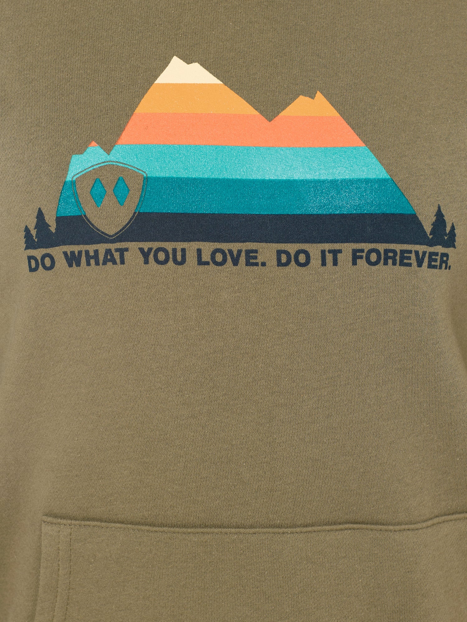 Front view detail of the Mountain Sunset design on a Military Green hoodie. The design features a multicolored mountain graphic with the text 'Do what you love. do it forever' below