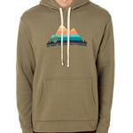 A man wearing a green hoodie with a mountain and sunset design and the text 'DO WHAT YOU LOVE. DO IT FOREVER.' on the front.