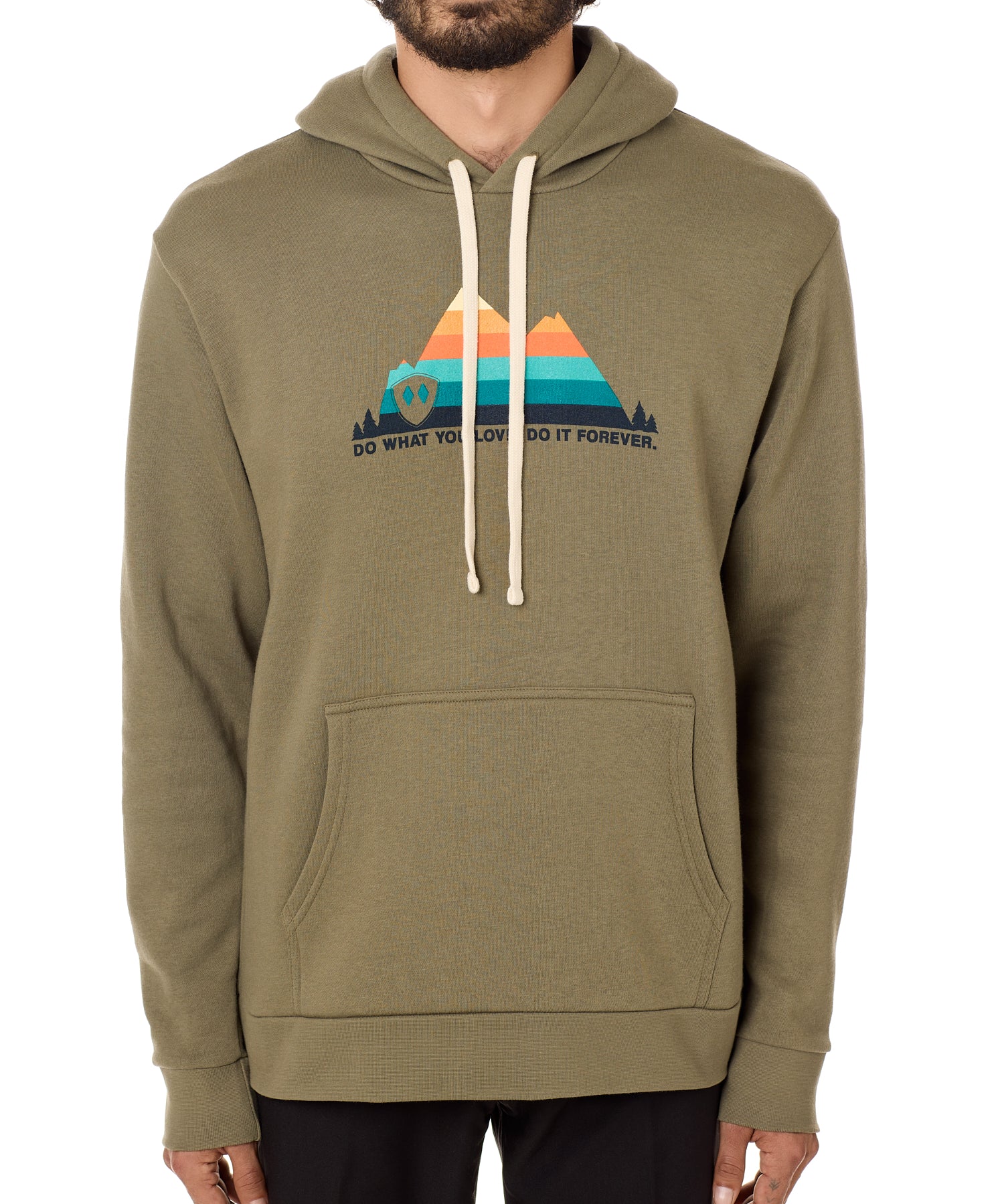A man wearing a green hoodie with a mountain and sunset design and the text 'DO WHAT YOU LOVE. DO IT FOREVER.' on the front.