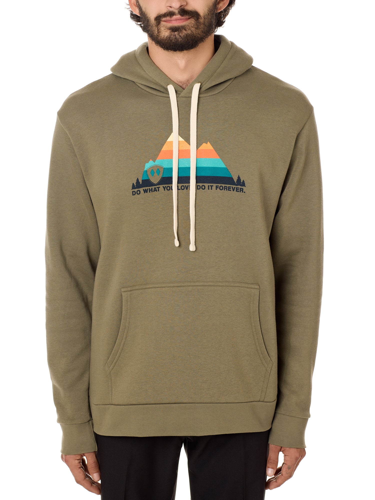 A man wearing a green hoodie with a mountain and sunset design and the text 'DO WHAT YOU LOVE. DO IT FOREVER.' on the front.
