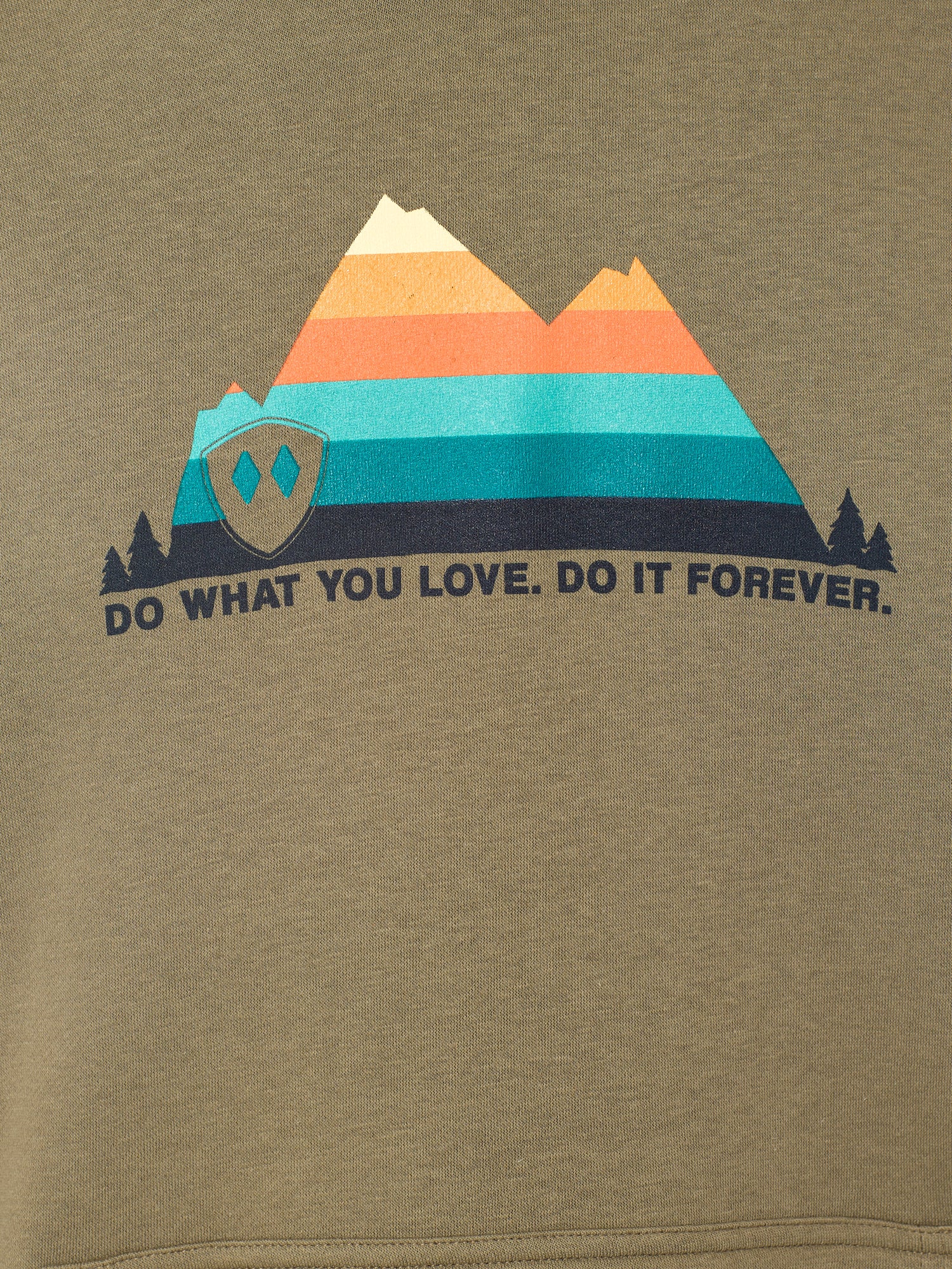 Front view detail of the Mountain Sunset design on a Military Green hoodie. The design features a multicolored mountain graphic with the text 'Do what you love. do it forever' below