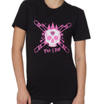 Front view of a female model wearing the ULLR black crew neck tee on a white background. The pink and white graphic features a skull over crossed skis, with snowflakes, pine trees, and “Till I Die” text layered below.