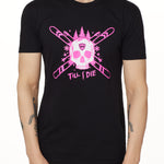 Front view of a male model wearing the ULLR black crew neck tee on a white background. The pink and white graphic features a skull over crossed skis, with snowflakes, pine trees, and “Till I Die” text layered below.