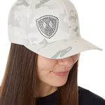 A woman wearing a white and gray camouflage bling fitted hat with a bold 'Till I Die' logo EMBELLISHED IN RHINESTONES on the front.