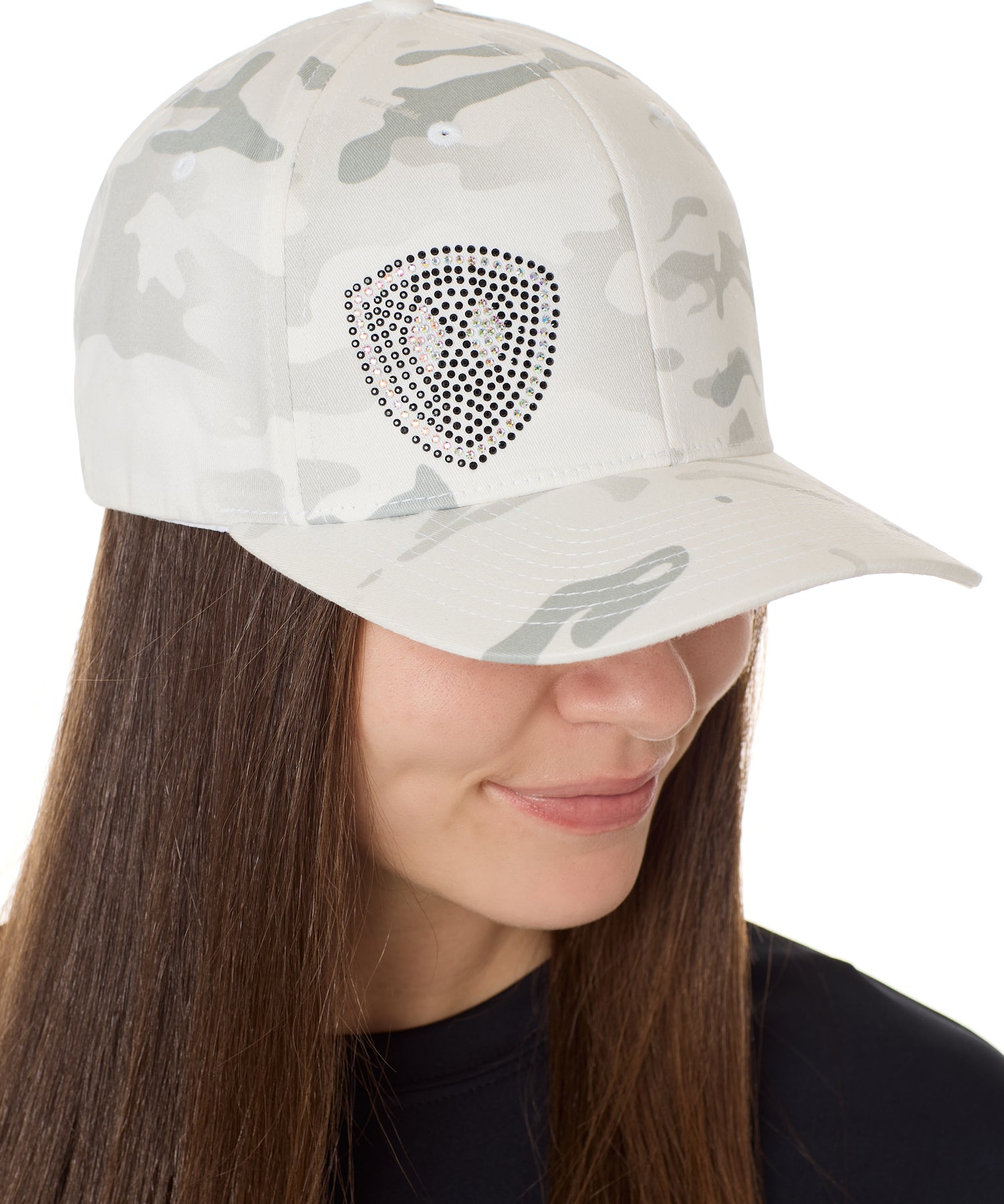 A woman wearing a white and gray camouflage bling fitted hat with a bold 'Till I Die' logo EMBELLISHED IN RHINESTONES on the front.