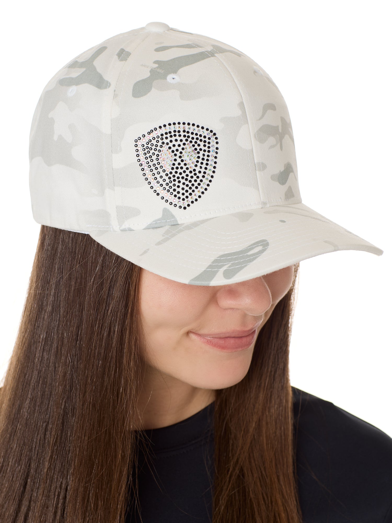 A woman wearing a white and gray camouflage bling fitted hat with a bold 'Till I Die' logo EMBELLISHED IN RHINESTONES on the front.