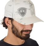 Man wearing a white and gray winter alpine camouflage fitted hat, featuring a bold "Till I Die" logo embellished with rhinestones on the front.