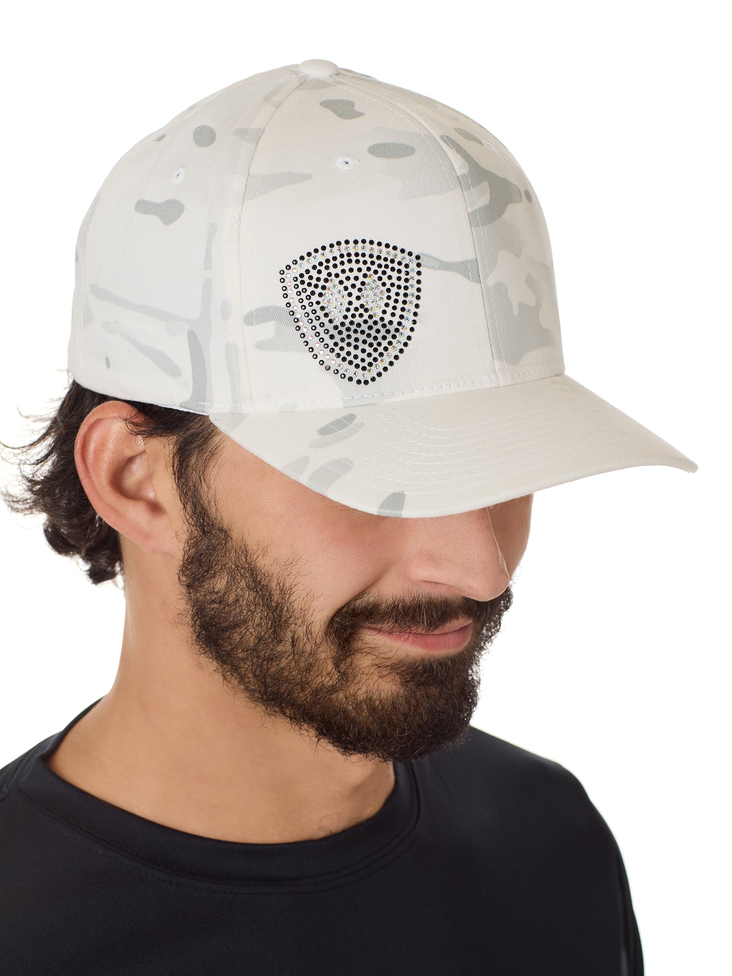 Man wearing a white and gray winter alpine camouflage fitted hat, featuring a bold "Till I Die" logo embellished with rhinestones on the front.