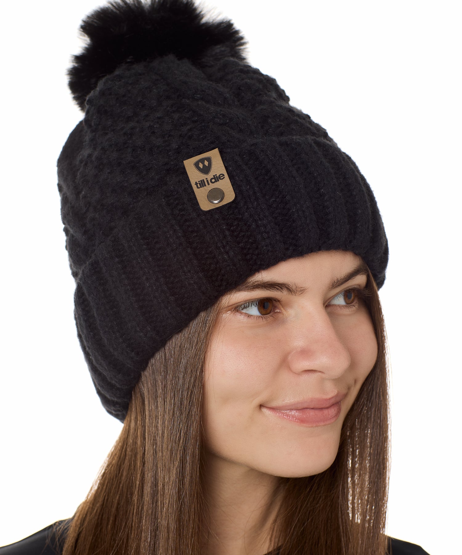 Till I Die® Logo // Leather Tab // Knit Pom Pom Beanie