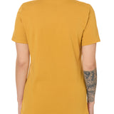 Back view of a female model wearing a mustard tee shirt on a white background
