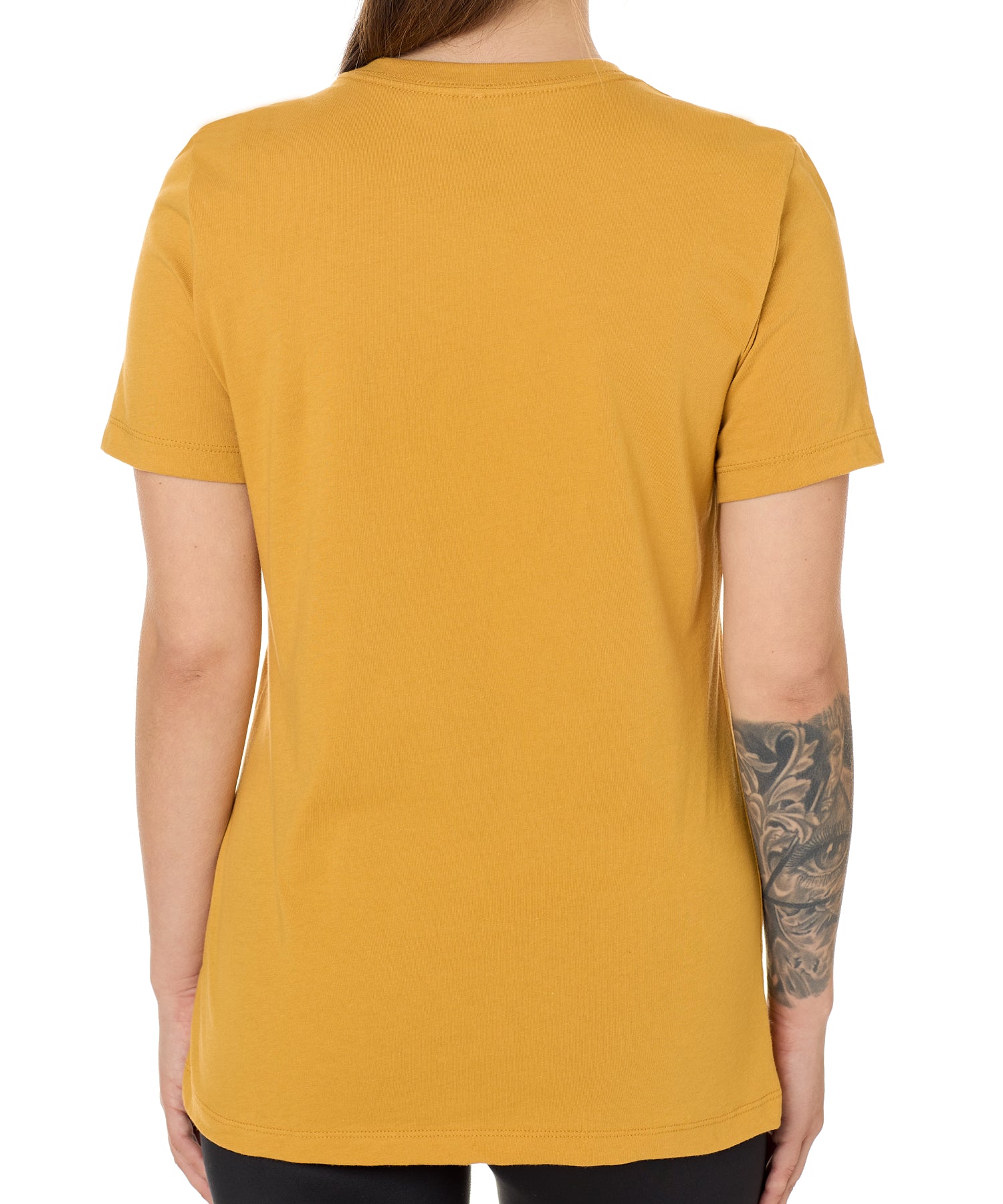 Back view of a female model wearing a mustard tee shirt on a white background