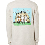 MALE MODEL WEARING A HEATHER OATMEAL HOODIE WITH HOOD UP, FEATURING A GRAPHIC OF A CARTOON MOUNTAIN THAT HAS TILL I DIE ACROSS IT