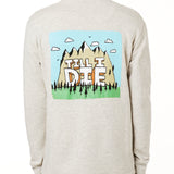 MALE MODEL WEARING A HEATHER OATMEAL HOODIE WITH HOOD UP, FEATURING A GRAPHIC OF A CARTOON MOUNTAIN THAT HAS TILL I DIE ACROSS IT