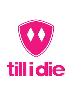 A hot pink till i die logo transfer sticker on a white background.