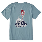 Light blue t-shirt with a graphic design on the back featuring text and a map.