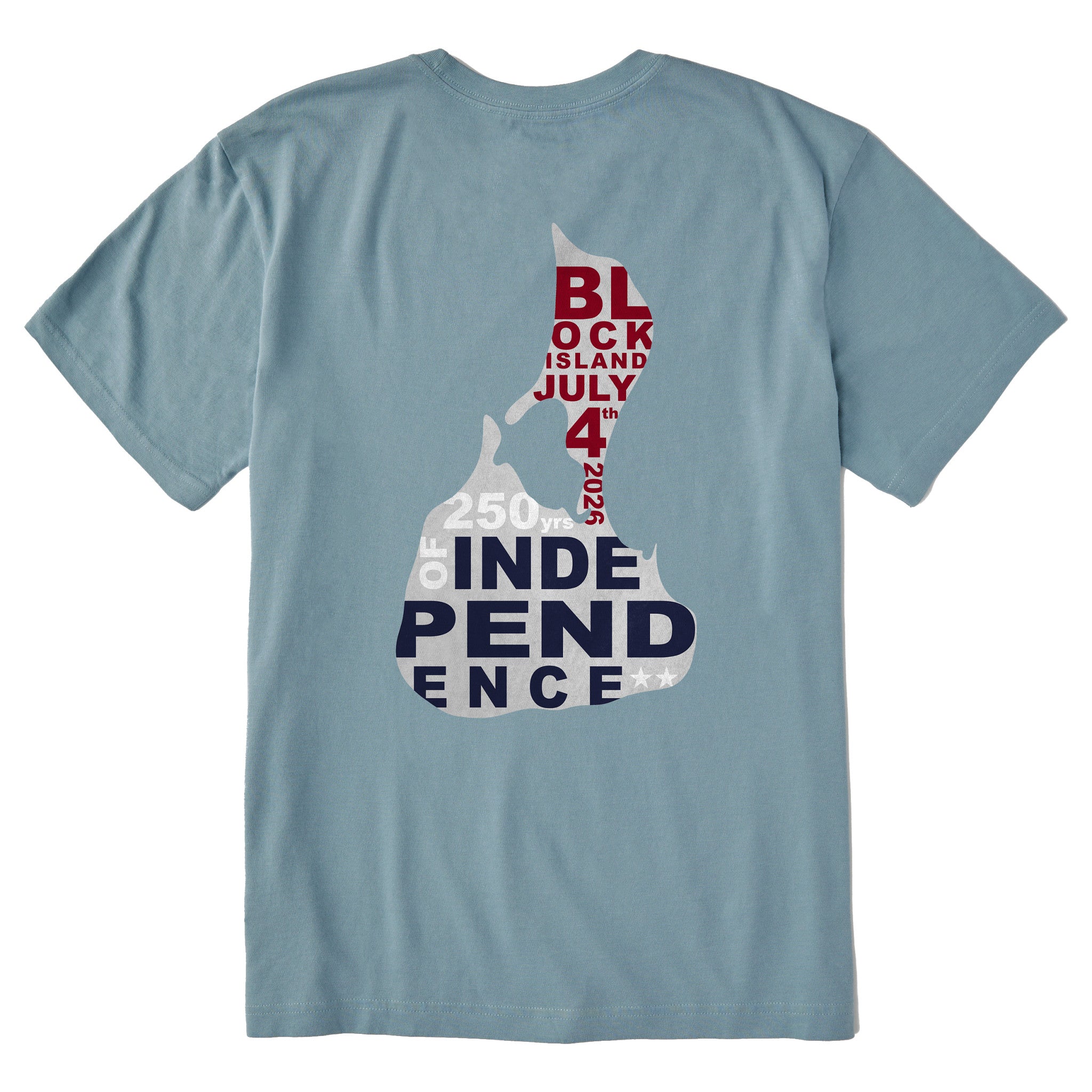 Light blue t-shirt with a graphic design on the back featuring text and a map.