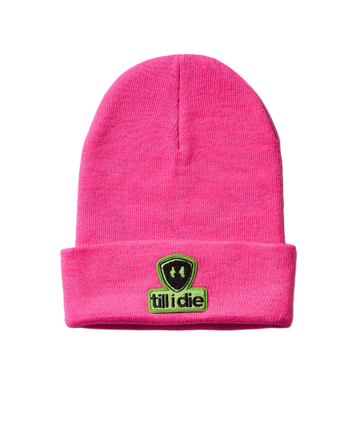 Bright pink beanie with a cuff and chenille patch in lime green and black of the till i die logo with double diamond shield