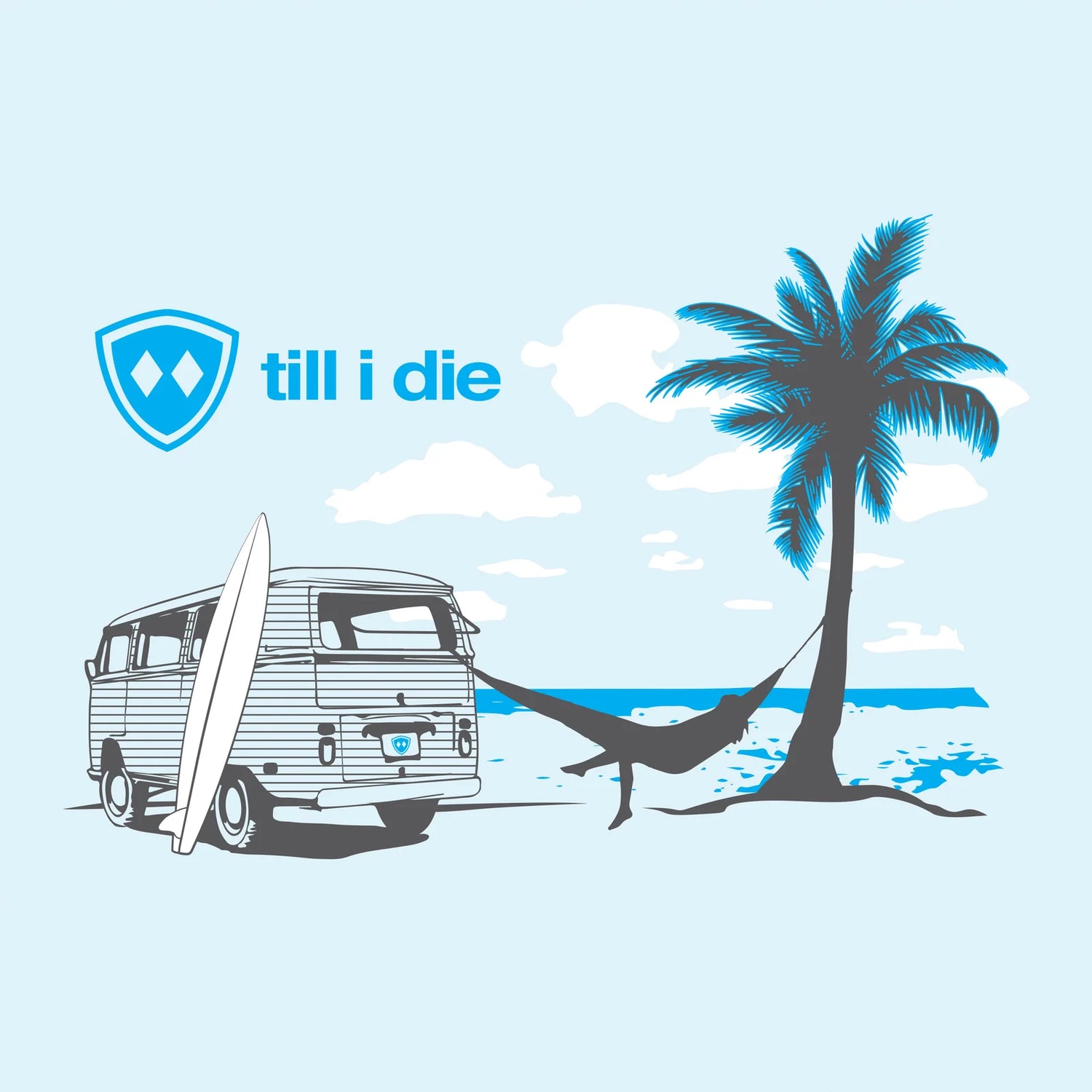 Illustration of a van with a surfboard, hammock, and palm tree on a beach with 'till i die' logo.